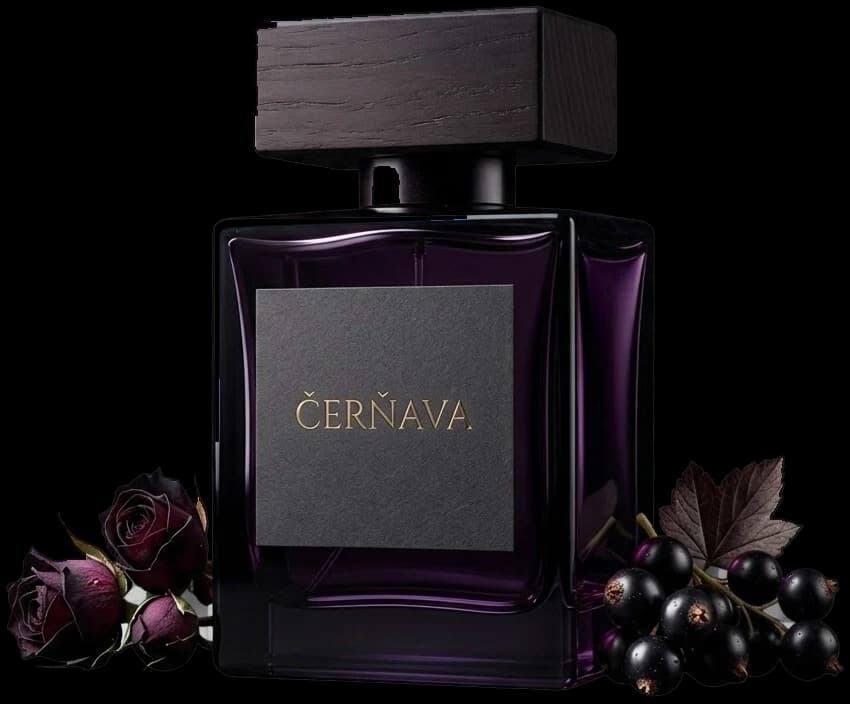 Parfum Čerňava v tmavofialovom flakóne s dreveným uzáverom, obklopený ružami a čiernymi ríbezľami